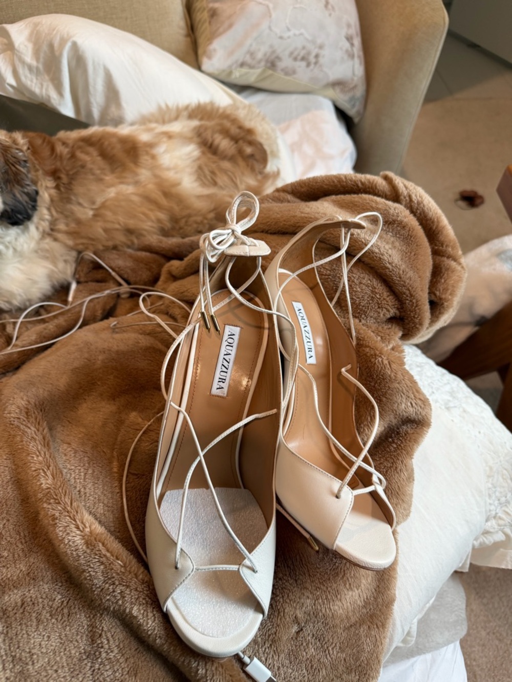 Aquazzura Beige Lace-Up Open-Toe Stiletto Heels